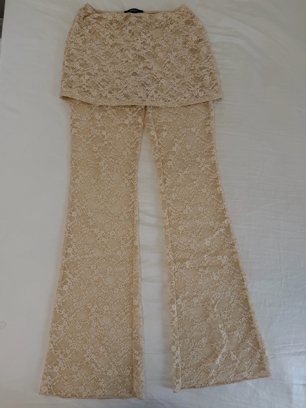 Beige Lace Flare Pants with Skirt from Forever 21
